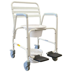 Aluminium mobile shower commode chair with seat, pail, footplates and locking castors