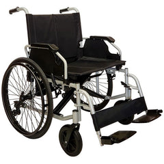 Black bariatric steel wheelchair with 60cm seat, flip up armrests and swing away footrests