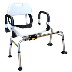 Bath transfer bench with sliding swivel seat, backrest, padded armrests and seat belt
