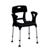 Image of Black king shower chair with u shaped cutout positioned at the rear