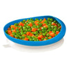 Image of blue scoop plate with high rim holding peas and carrots