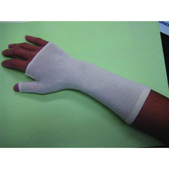 Cotton thumb spica splint sock worn over the thumb hand and forearm