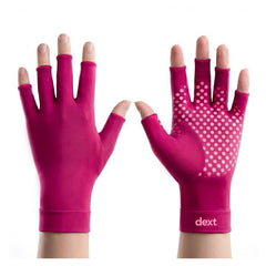 Dext theraluxe compression gloves in mulberry, back and palm