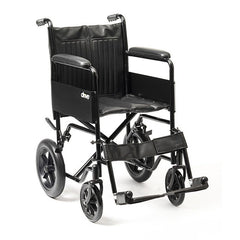 Drive Budget Steel Transit Wheelchair front angle view with padded armrests and solid tyres
