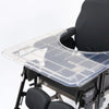 Image of Drive ID Soft clear wheelchair lap tray fitted to an ID Soft wheelchair, showing the cut-out and lipped edge