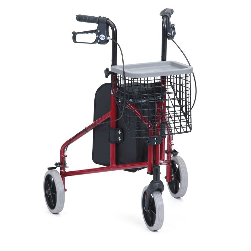 Drive aluminium tri walker in red shown with optional basket and tray ...