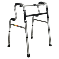Folding step up walking frame with two tier handles and rubber tips