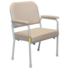 Heavy duty low back day chair in beige vinyl with padded armrests and adjustable legs