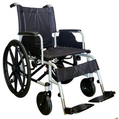 Heavy duty steel wheelchair with 51cm padded seat, large rear wheels and flip up footplates