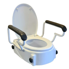White height adjustable raised toilet seat with armrests and lid open