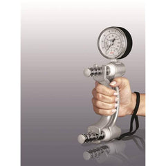 jamar hydraulic hand dynamometer held in the hand with wrist strap