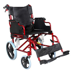 Lightweight aluminium transit wheelchair with red frame, padded black seat and swing away footrests