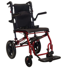 Red lightweight transit wheelchair with padded black seat, flip up armrests and folding footrest