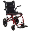 Image of Red lightweight transit wheelchair with padded black seat, flip up armrests and folding footrest