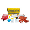 Image of Low voltage rescue kit contents including insulated gloves, fire blanket, CPR mask and torch laid out in front of the bag