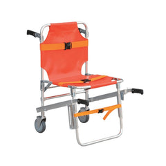 Orange AeroRescue STR-11 alloy collapsible stair chair with aluminium frame, wheels and restraint straps, side view