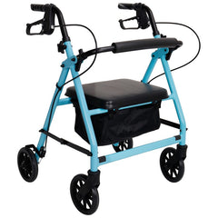 Light blue petite rollator walker with padded seat, curved backrest and under seat bag
