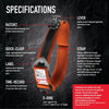 Image of RapidStop tourniquet specifications with ratchet, lever, strap and D-ring labelled