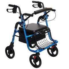 Blue rollator walker and transit chair combo in walking mode with padded seat and handbrakes