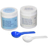 Image of Rolyan 50 50 mix elastomer putty base and catalyst jars with measuring scoops