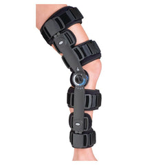 rolyan defender post-op knee brace with adjustable rom hinge worn on leg