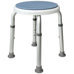 Rotating shower stool with blue swivel seat top and slip resistant tips