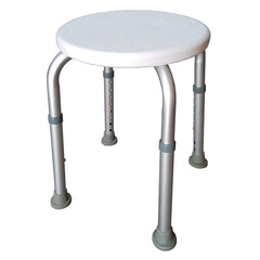 White round shower stool with textured seat and height adjustable aluminium legs