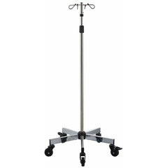 Stainless steel IV pole on wheels with four hooks and a five castor base