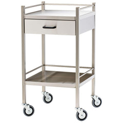 Small stainless steel medical trolley with drawer and rubber wheels, front view