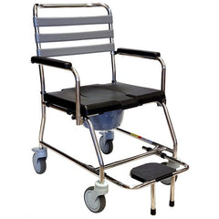 Stainless steel mobile shower commode chair with seat lid closed and slide out footplate