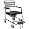 Image of Stainless steel mobile shower commode chair with seat lid closed and slide out footplate