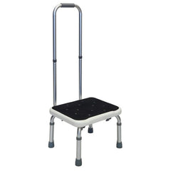 Step stool with tall handrail and non-slip rubber mat on the step
