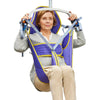 Image of Cobalt toileting hygiene hoist sling with head support and waist belt, woman seated in the sling on a hoist, front view