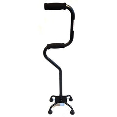 Black two tier step up quad cane with foam handgrips and four foot base, front view