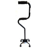 Image of Black two tier step up quad cane with foam handgrips and four foot base, front view