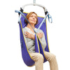 Image of Cobalt general purpose universal hoist sling in polyester with head support, woman seated in the sling on a hoist, front view