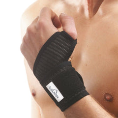 vulkan advanced elastic wrist support black with thumb loop worn on the wrist