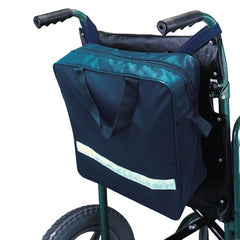 Navy waterproof wheelchair bag with zip top fitted to the back of a wheelchair