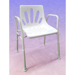 Wide aluminium shower chair with arms, backrest and drainage holes in the seat