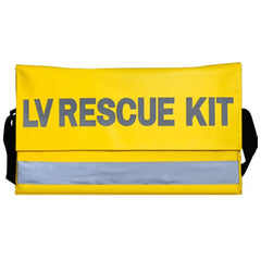 Yellow Aero Healthcare REGULATOR low voltage rescue kit bag with reflective LV Rescue Kit wording, front view